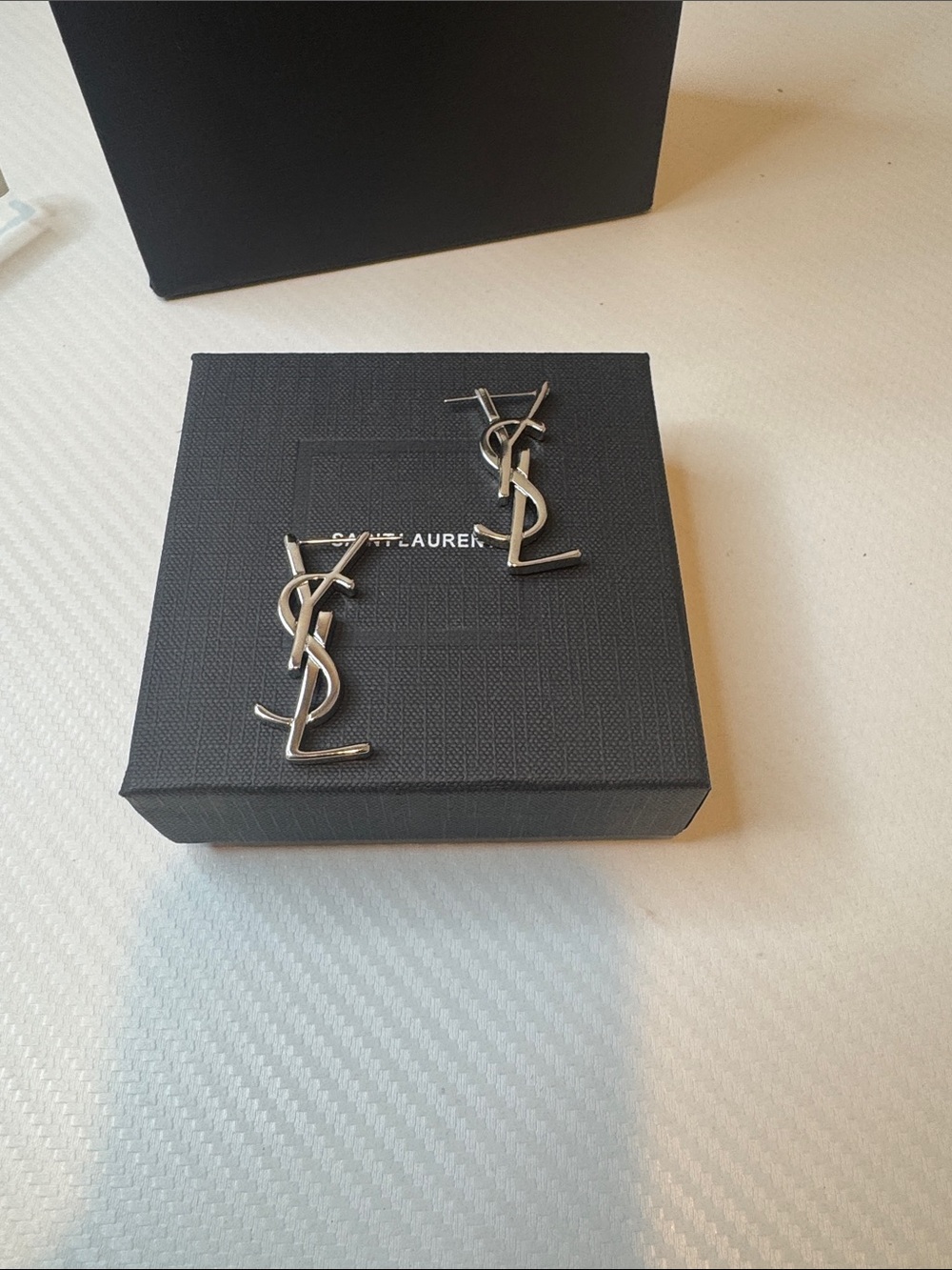 Yves Saint Lauren t -Inspired Silver Logo Drop Earrings